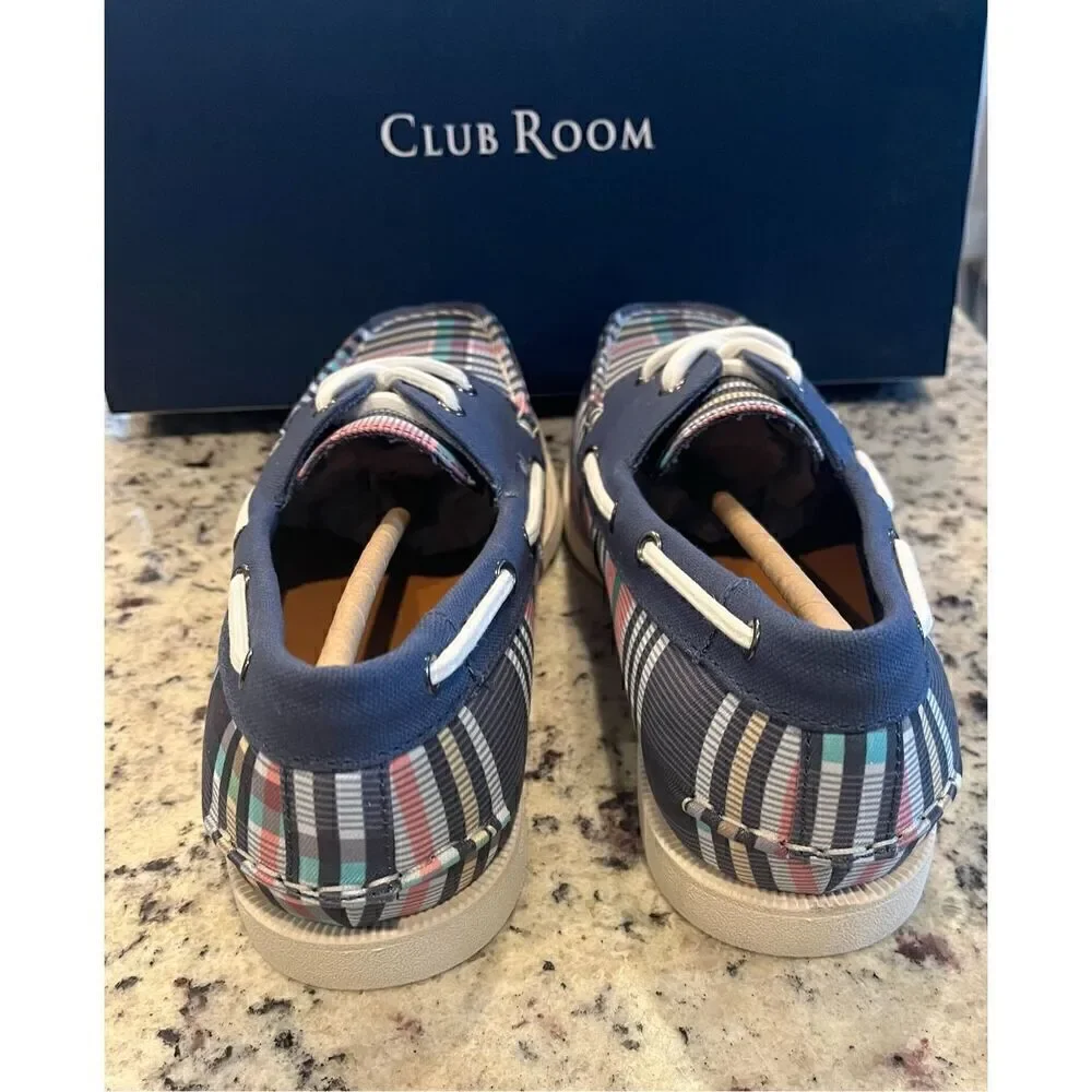 Clubroom Mens Blue Plaid Padded Elliot Round Toe Lace-Up Boat Shoes